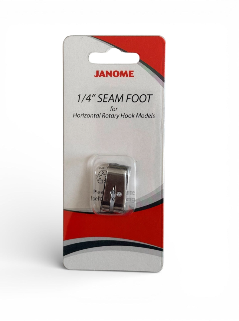 Janome 1/4 inch seam foot for horizontal rotary hook sewing machines in its original packaging.