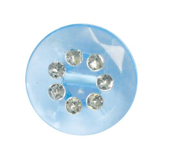 Faux diamante acrylic round shank button in light blue with seven small inset crystals.