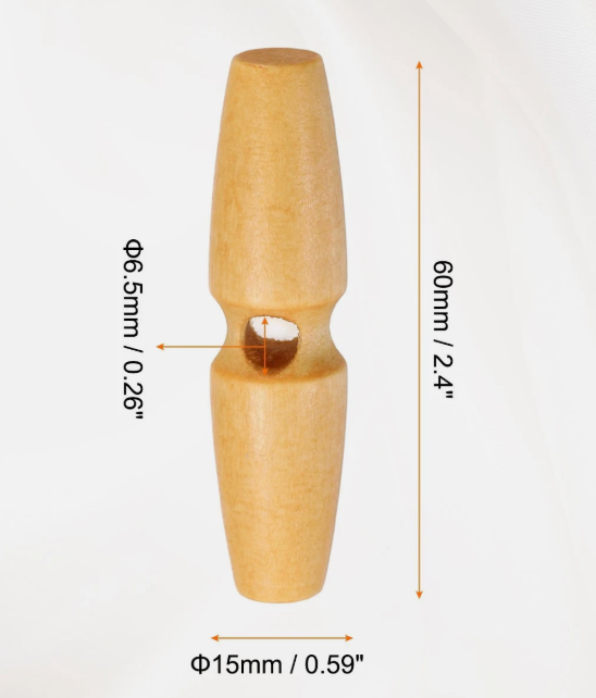 60mm beige wooden toggle button with a central hole and labeled dimensions.