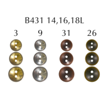 Four columns of two-hole metal cup buttons in gold, silver, copper, and bronze finishes.