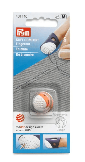 Prym Soft Comfort thimble in plastic with ergonomic design and red dot award.