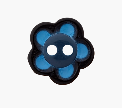 A blue and black flower-shaped button with two white holes.