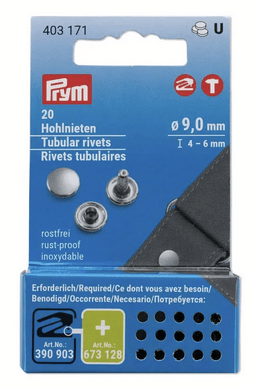 Prym tubular rivets, 9mm diameter, rust-proof, silver-colored brass.