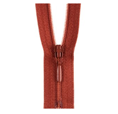Closed end polyester zipper in a reddish-brown color.