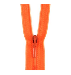 Closed end orange polyester zipper with a slider.