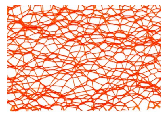Orange polyester mesh ribbon with a geometric pattern.