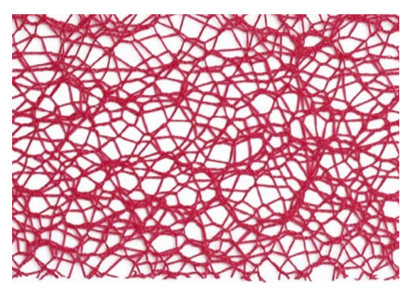 Red polyester mesh ribbon with an open, web-like pattern.