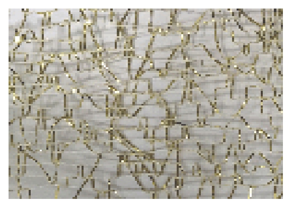 Gold polyester mesh ribbon with a geometric pattern.