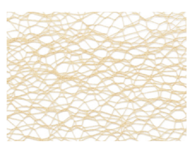 A roll of 50mm wide beige polyester mesh ribbon with a net-like pattern.