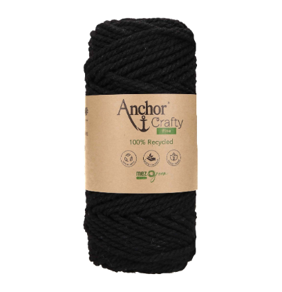 Black 3mm twisted recycled crochet yarn on a spool.