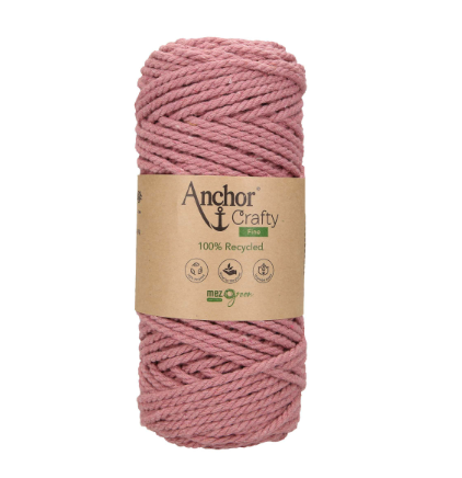 A ball of pink Anchor Crafty Fine 3mm twisted crochet yarn made from 100% recycled materials.