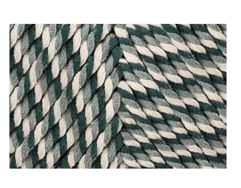 Twisted 3mm crochet yarn in green and cream stripes.