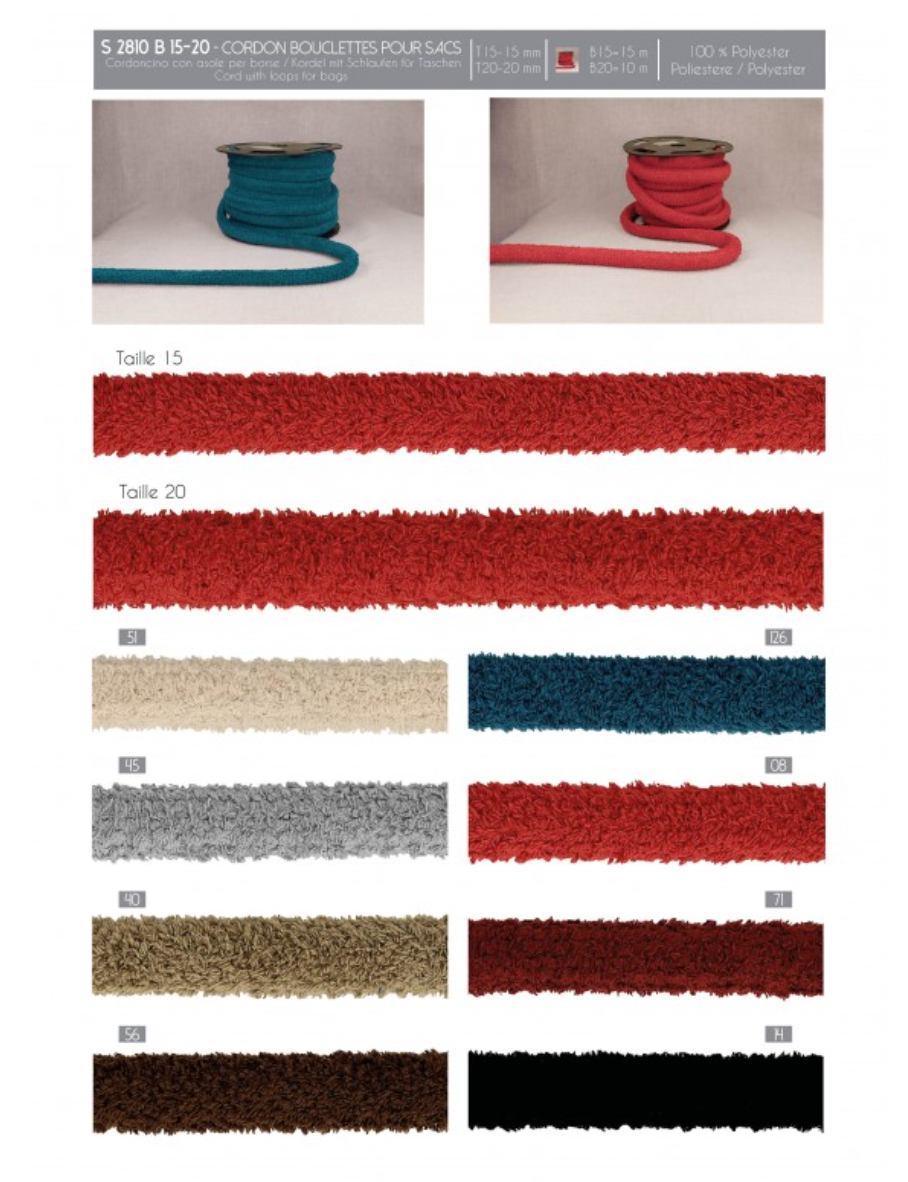Cordon Stephanoise en polyester avec boucles pour sacs, disponible en plusieurs couleurs.