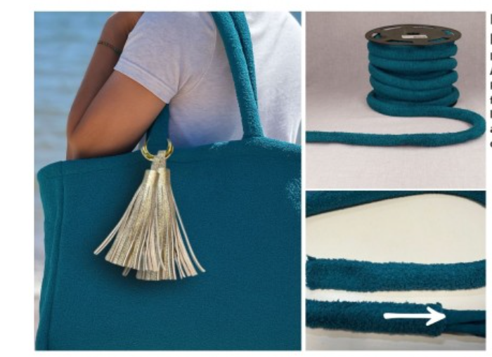 Teal polyester cord with loops for bags, shown on a tote and on a spool.
