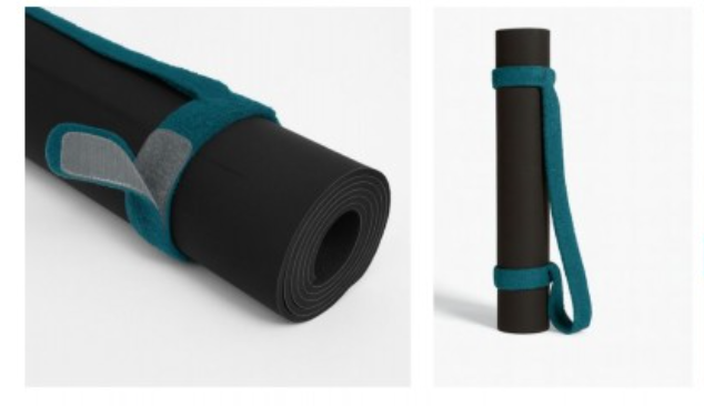 Rolled black yoga mat with teal straps and velcro closure.