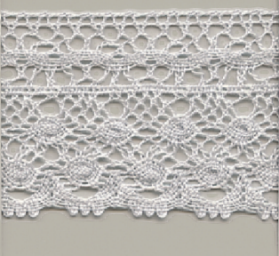 White cotton torchon lace trim with intricate floral patterns.
