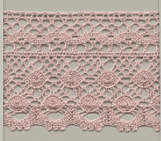 Pink Torchon lace trim with circular and openwork patterns.