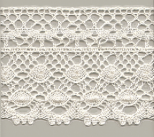 White cotton torchon lace trim with circular motifs.