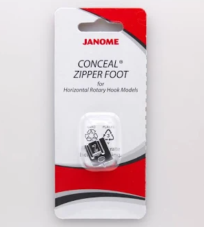 Janome concealed zipper foot in its original white and red retail packaging.