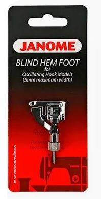 Janome metal blind hem foot for sewing machines, packaged on a red and black card.