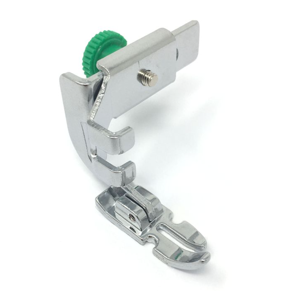 Janome adjustable zipper and piping foot for screw-on sewing machines with a green adjustment knob.