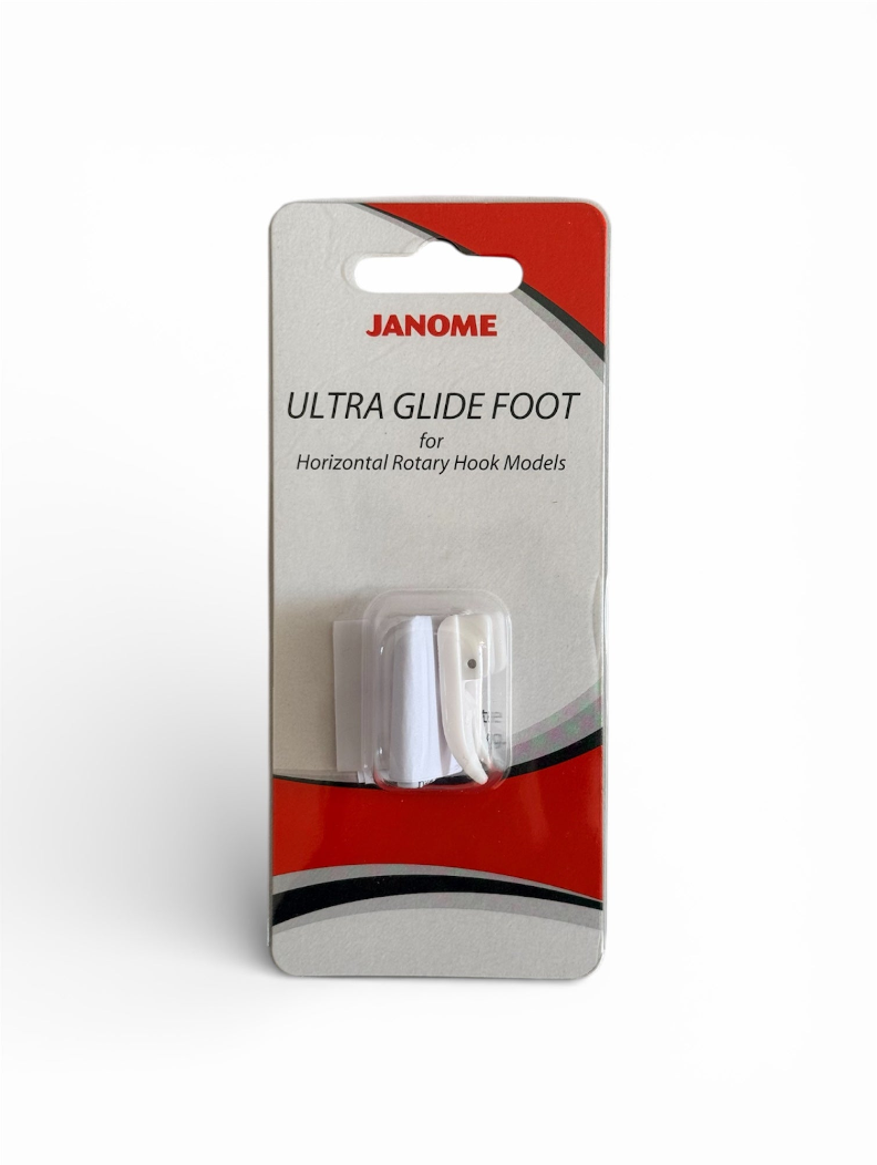 Janome Ultra Glide Foot for horizontal rotary hook models in its original red and white packaging.