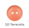 A round, 17mm terracotta-colored plastic sewing button with two holes.