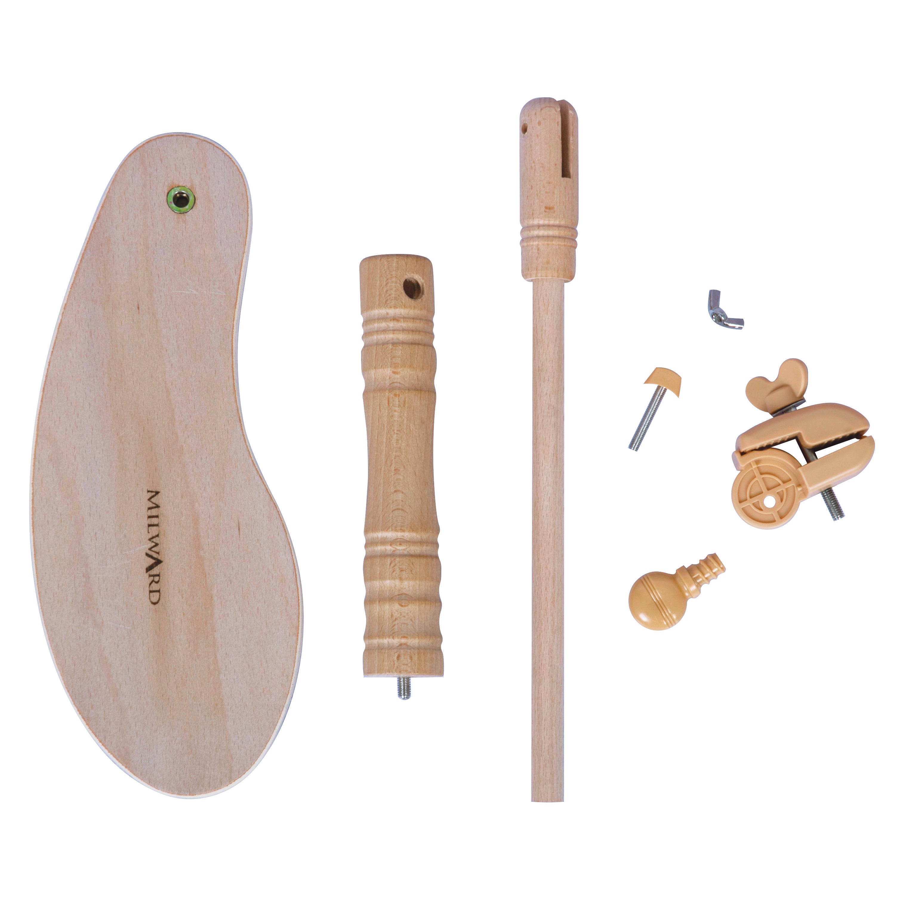 Disassembled Milward beech wood seat frame components including seat, stand, stem, and clamp.