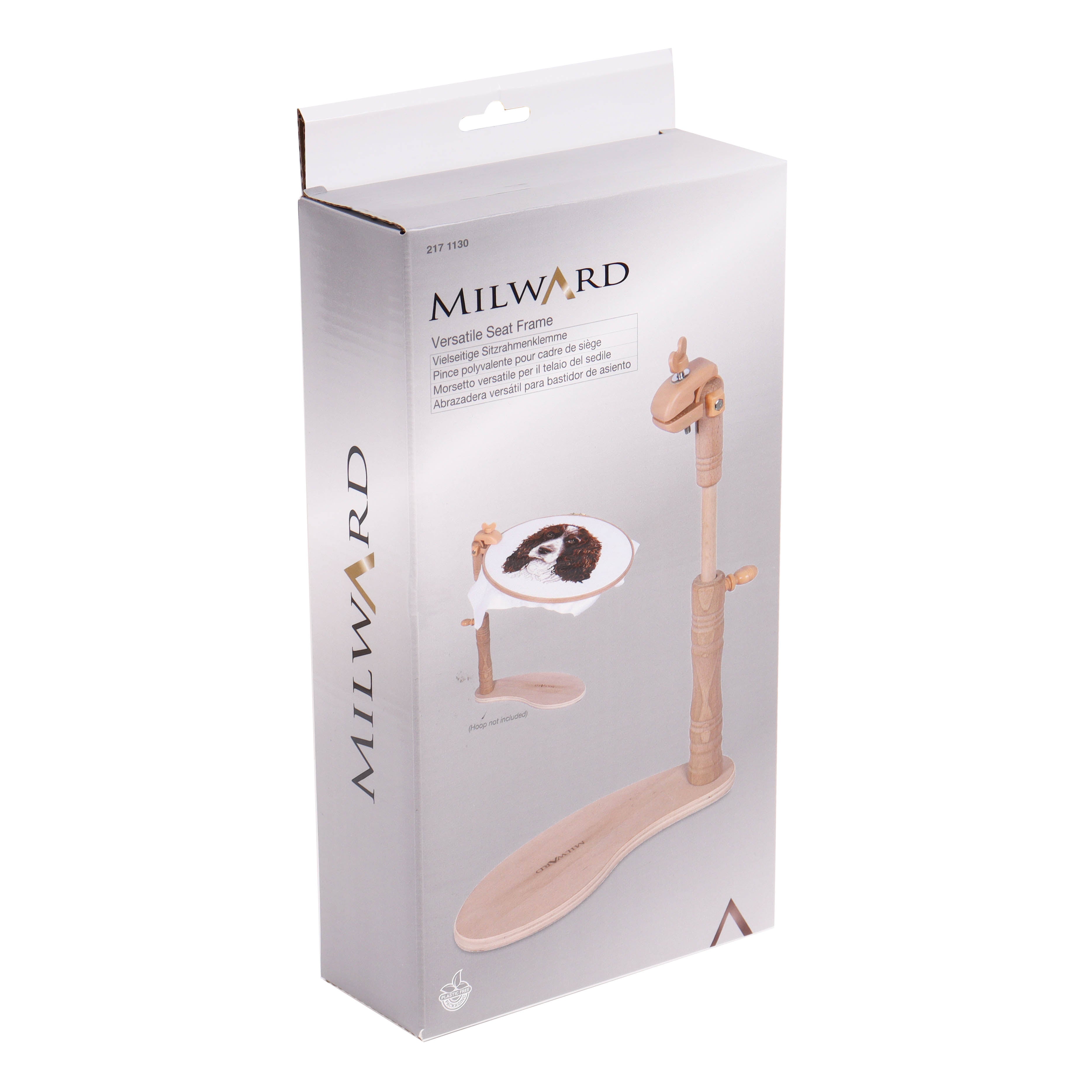 Milward Versatile Seat Frame in beech wood packaging, showing the adjustable stand and clamp.
