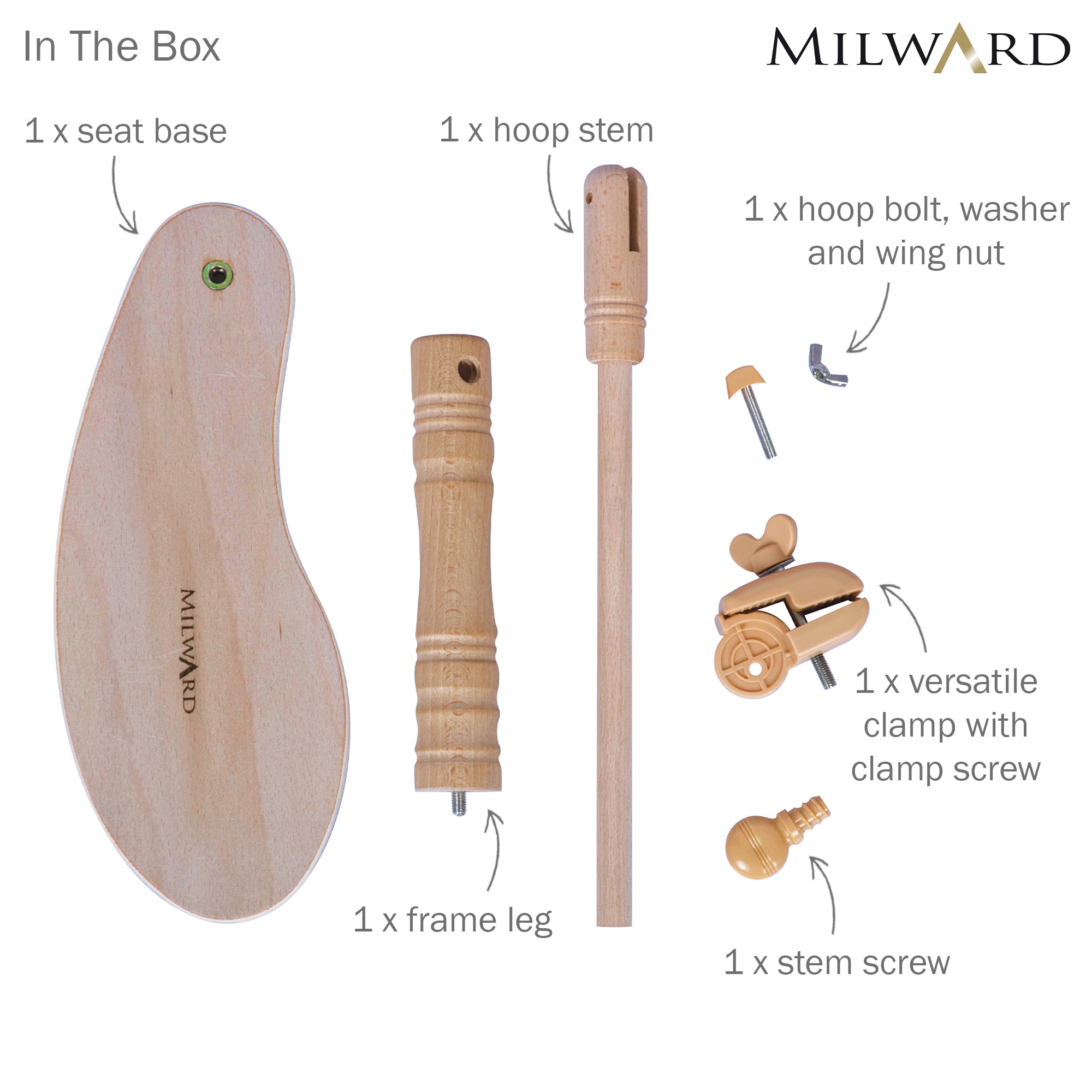 Milward beech wood seat frame components: seat base, frame leg, hoop stem, clamp, and hardware.