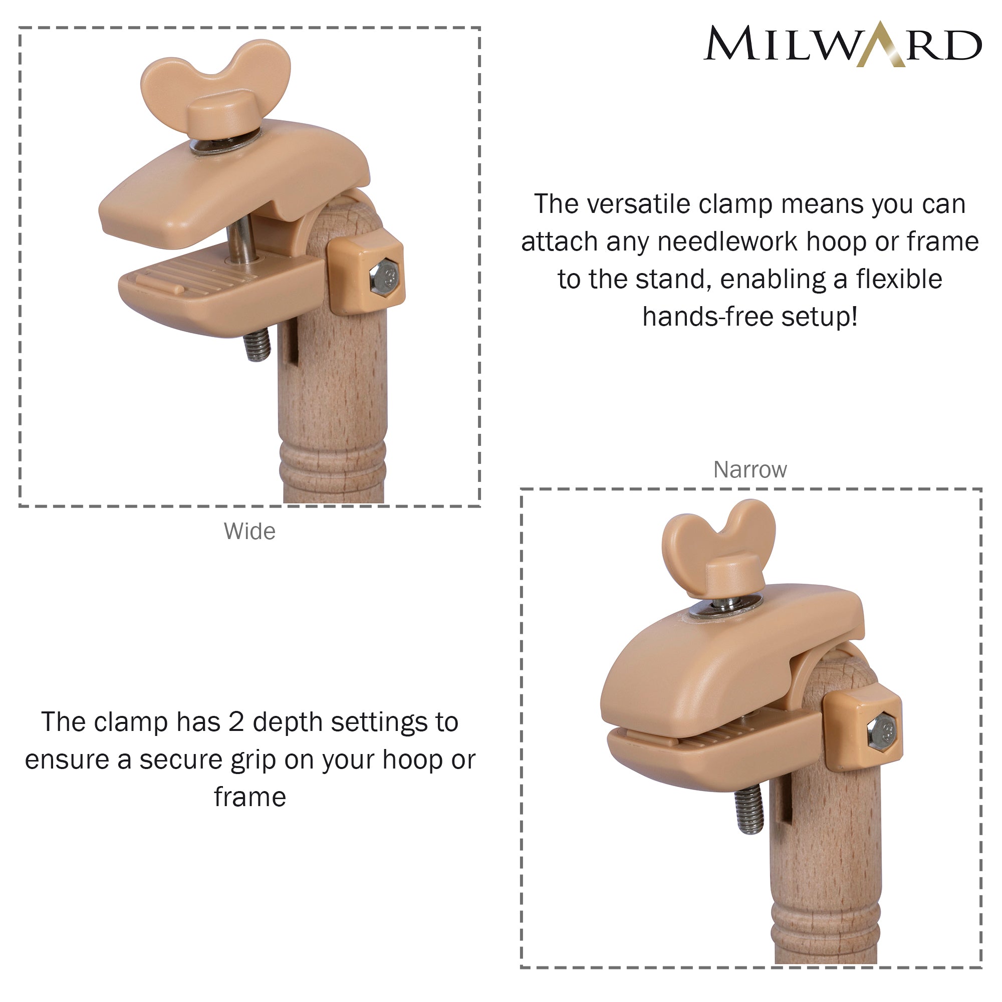 Milward beech seat frame clamp showing wide and narrow depth settings for needlework hoops.