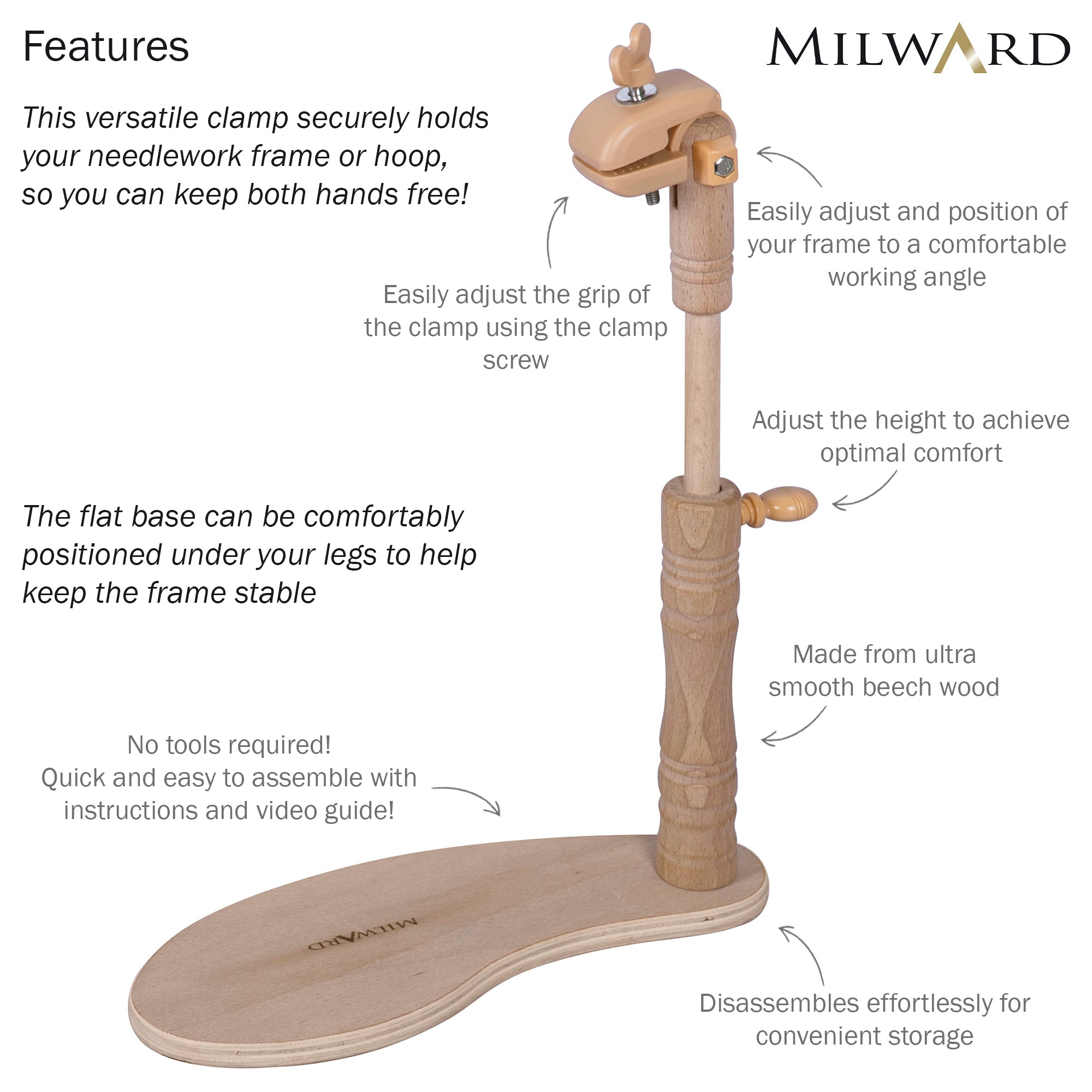 Milward beech wood seat frame with adjustable height, angle, and clamp for needlework hoops.