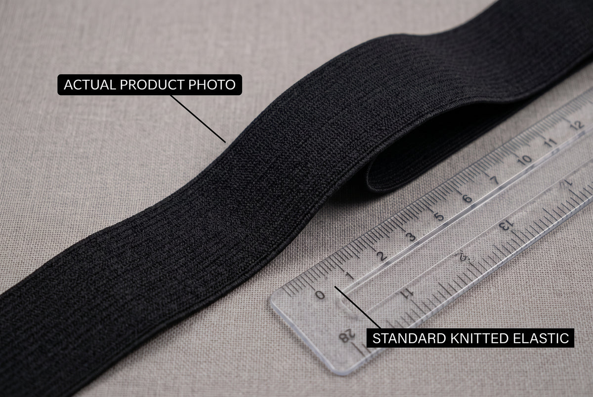 Black 20mm Stephanoise knitted elastic ribbon shown next to a ruler for scale.