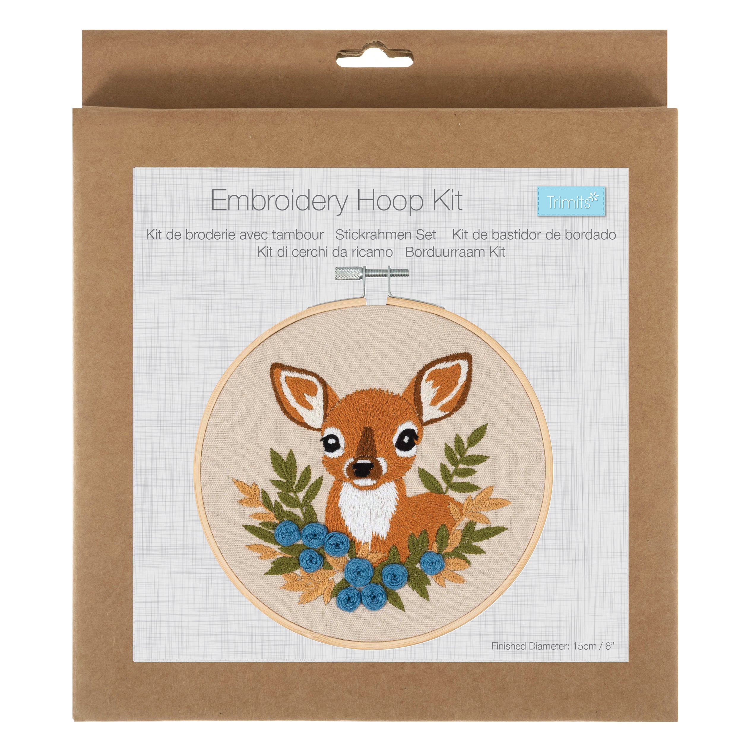 Embroidery kit featuring a pre-printed deer design with a 15cm bamboo hoop and colorful threads.