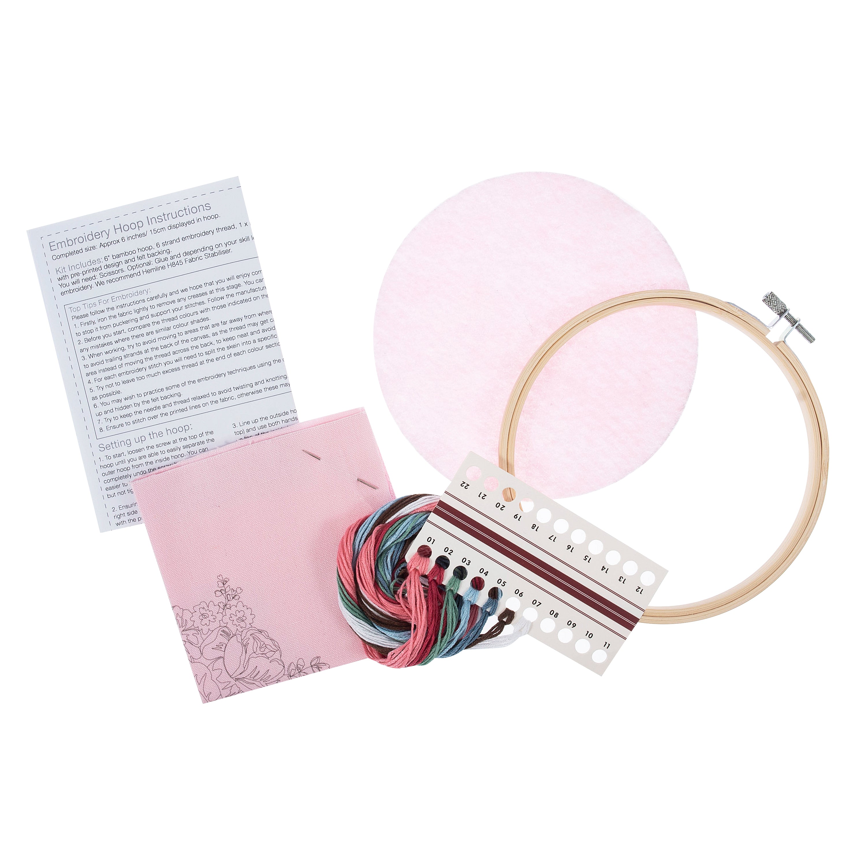 Rose Blossom embroidery kit featuring a bamboo hoop, pre-printed fabric, threads, and instructions.