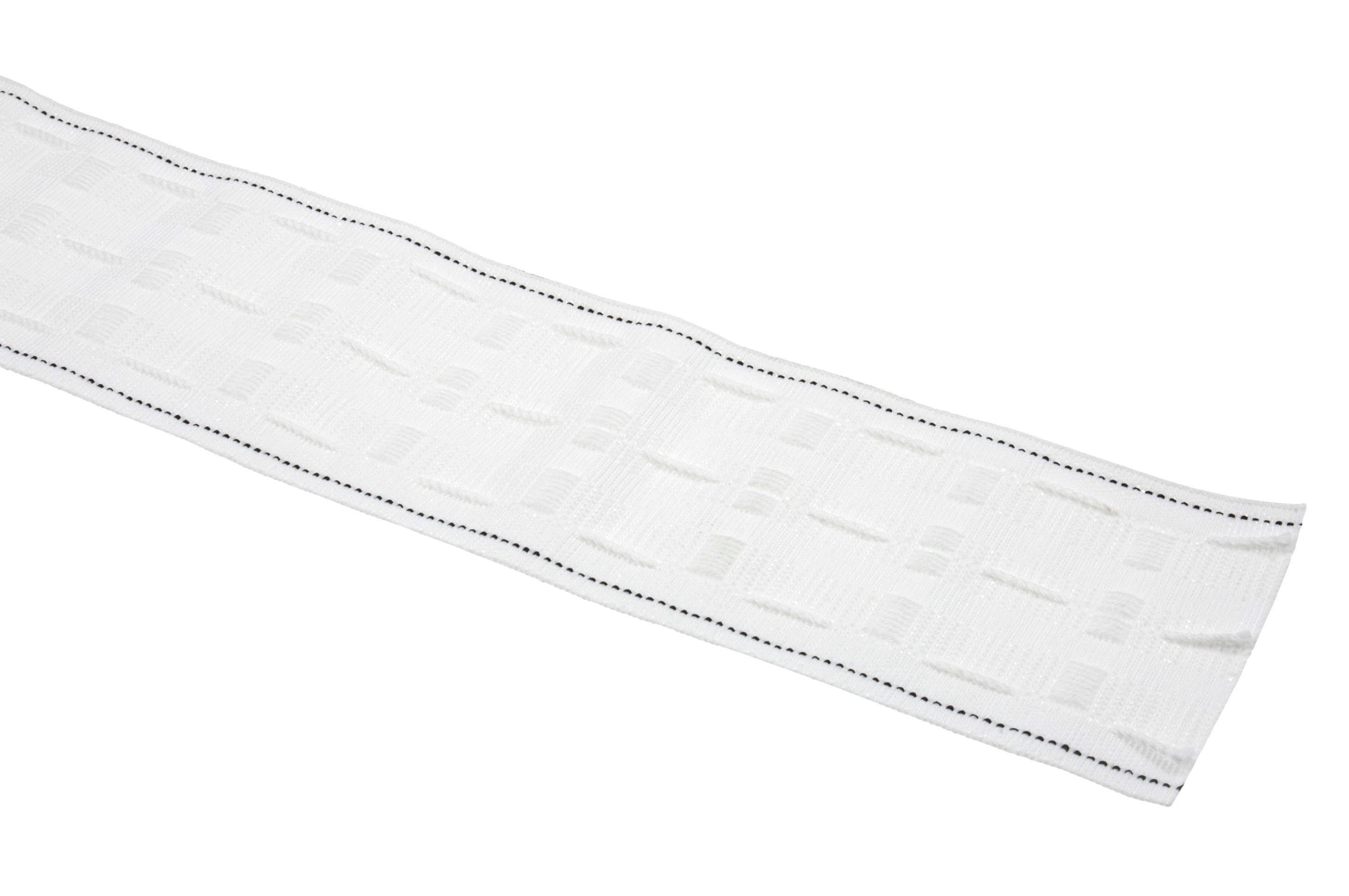 White 76mm pencil pleat curtain tape with black sewing lines and woven corded pockets.
