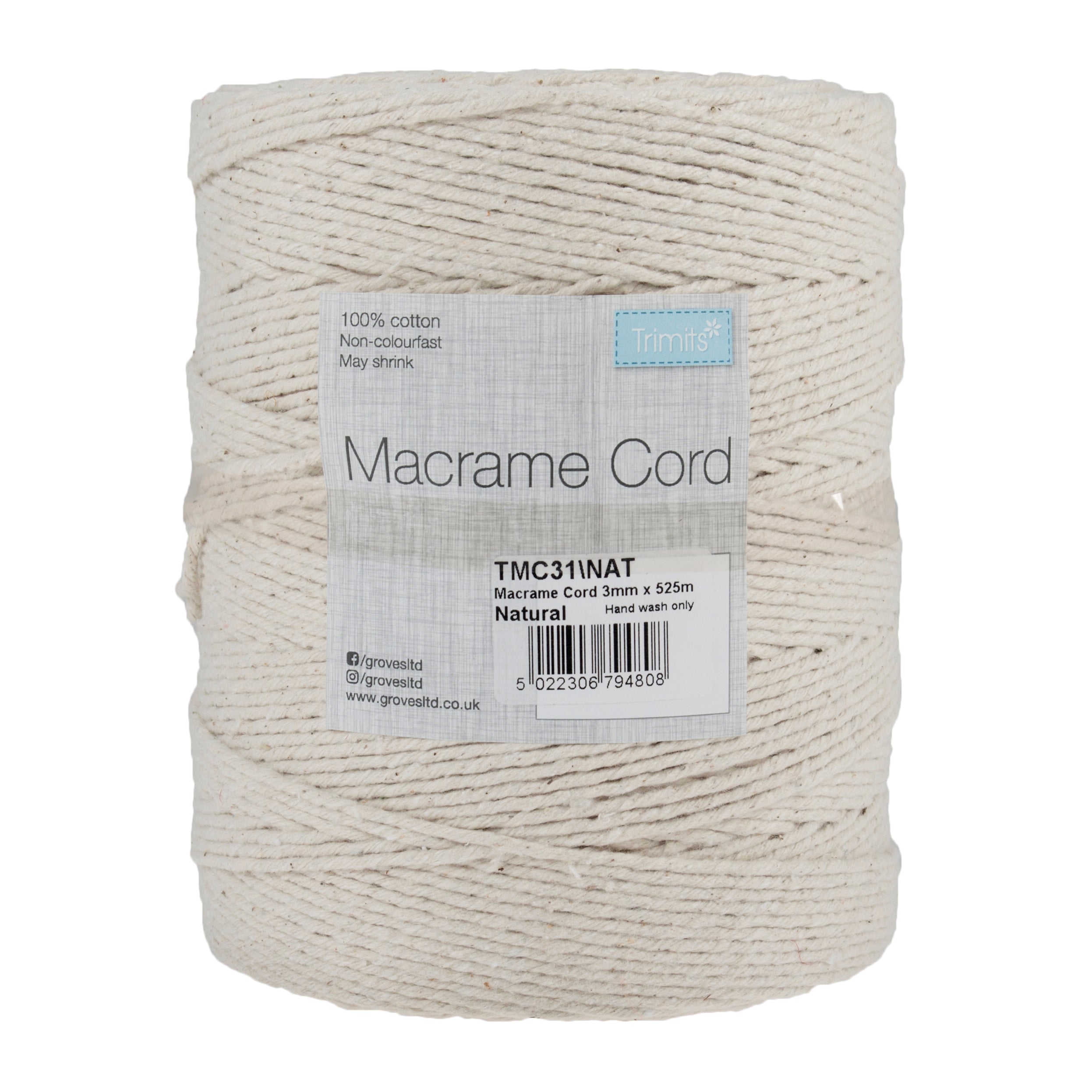 A large spool of natural-colored 100% cotton macramé cord with a white and grey label.