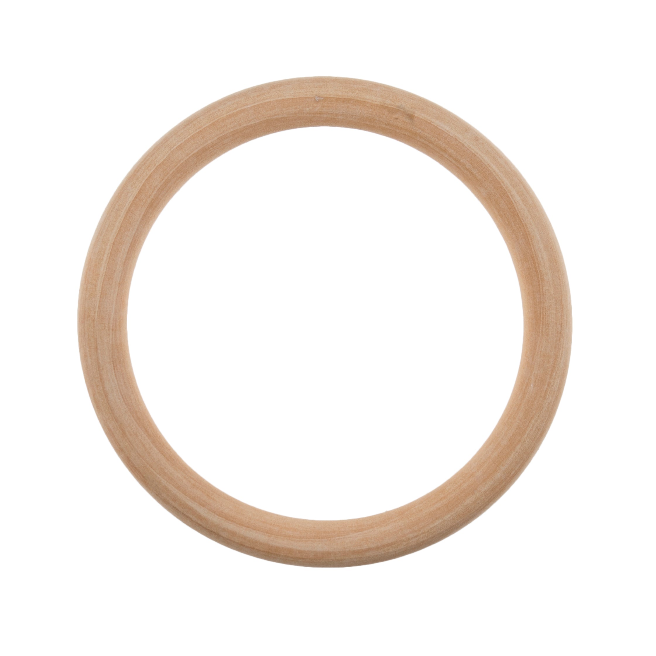 A smooth, natural birch wood craft ring for macramé and crochet projects.