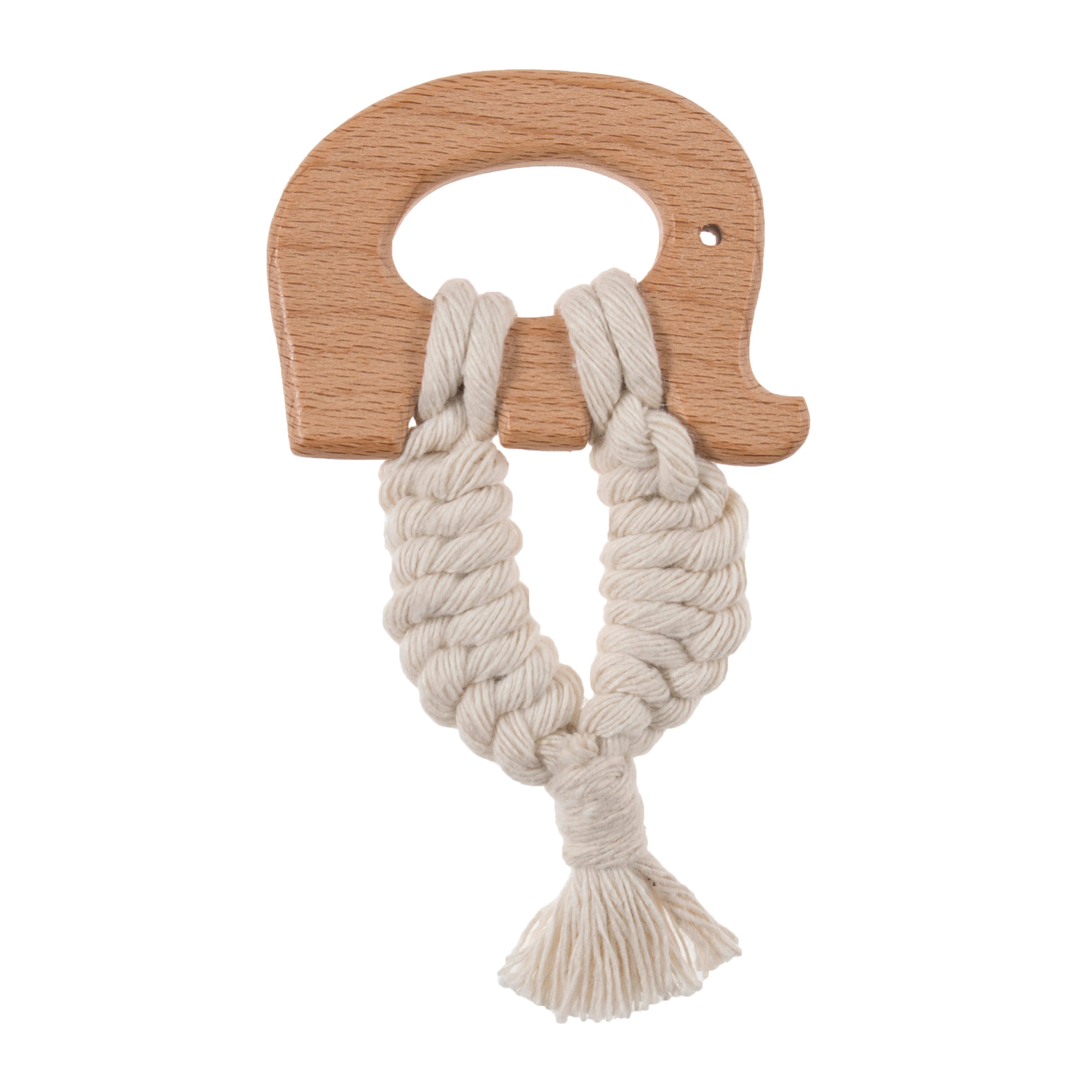 Elephant-shaped beech wood craft ring with a white macrame rope design and tassel.