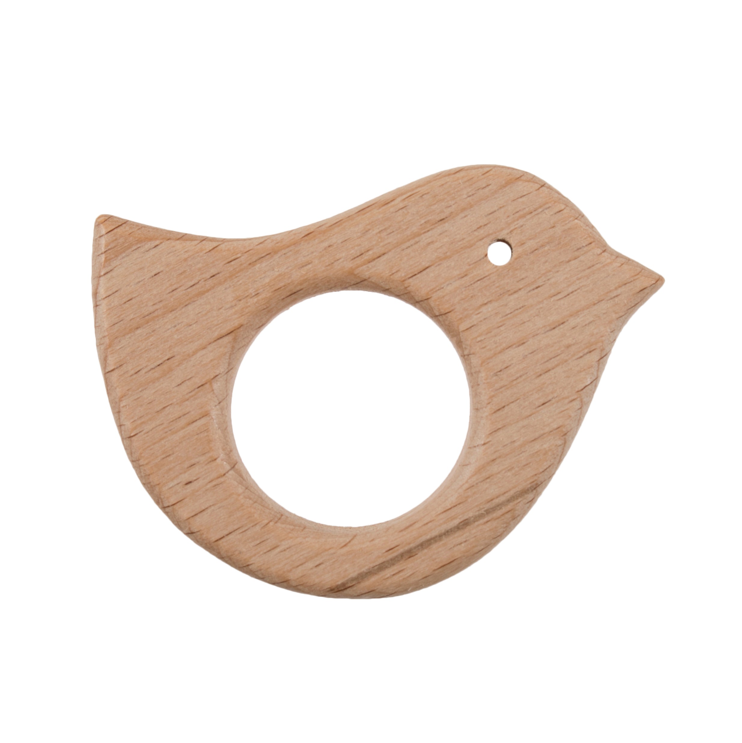 A smooth, bird-shaped beech wood craft ring with a central circular cutout and a small eye hole.