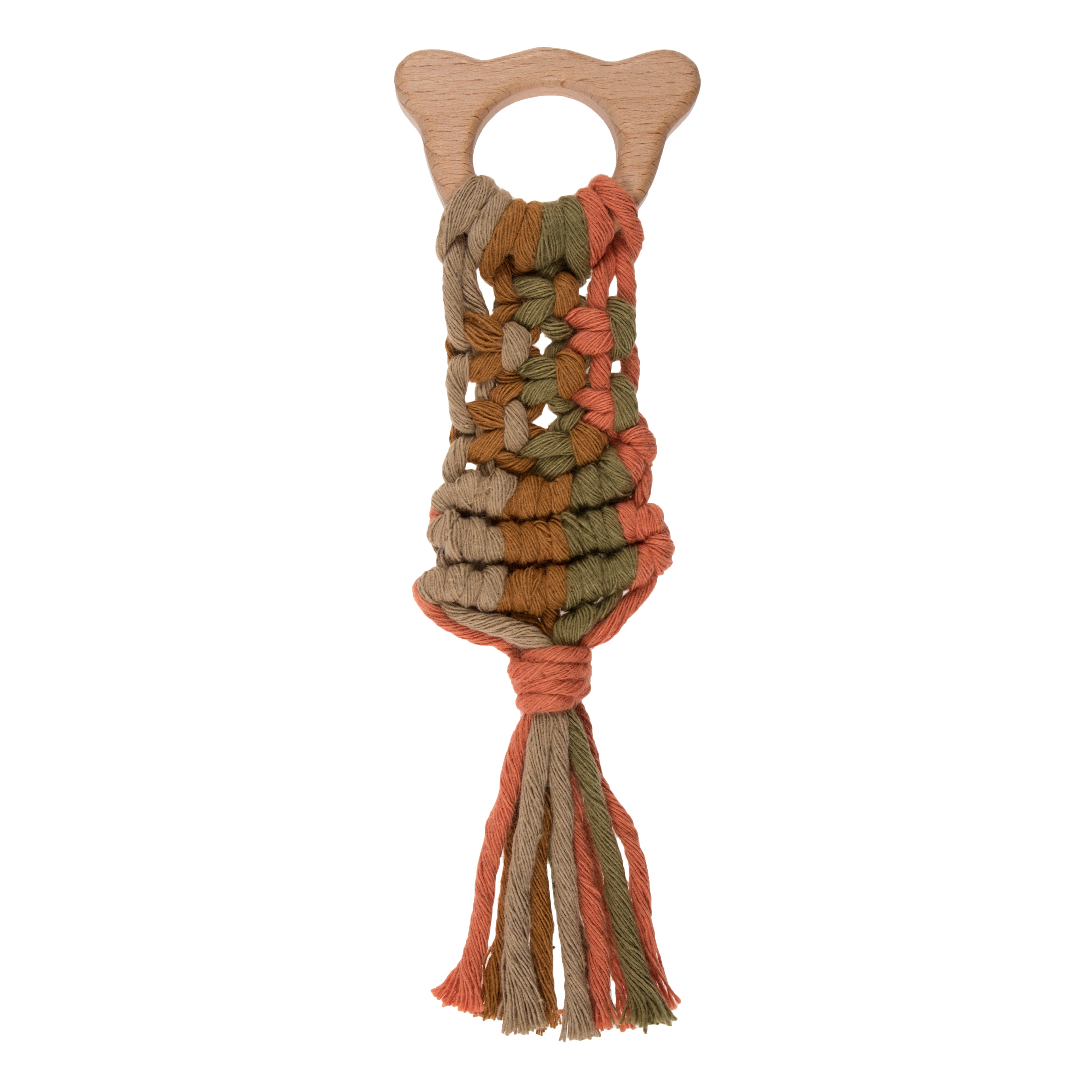 A bear-shaped beech wood ring with a multi-colored macrame tassel in earth tones.
