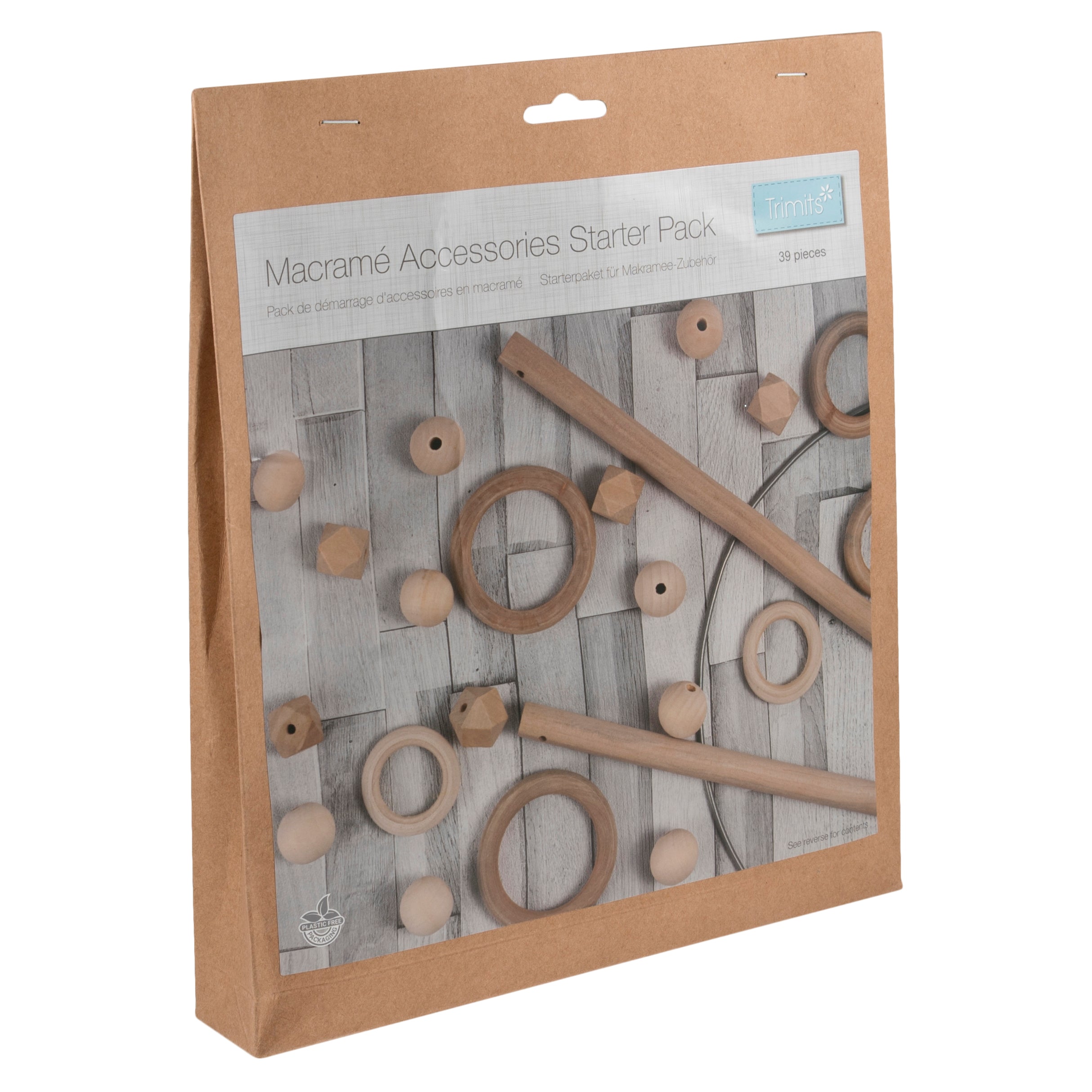 A 39-piece macramé starter kit featuring wooden dowels, rings, beads, and a metal hoop.