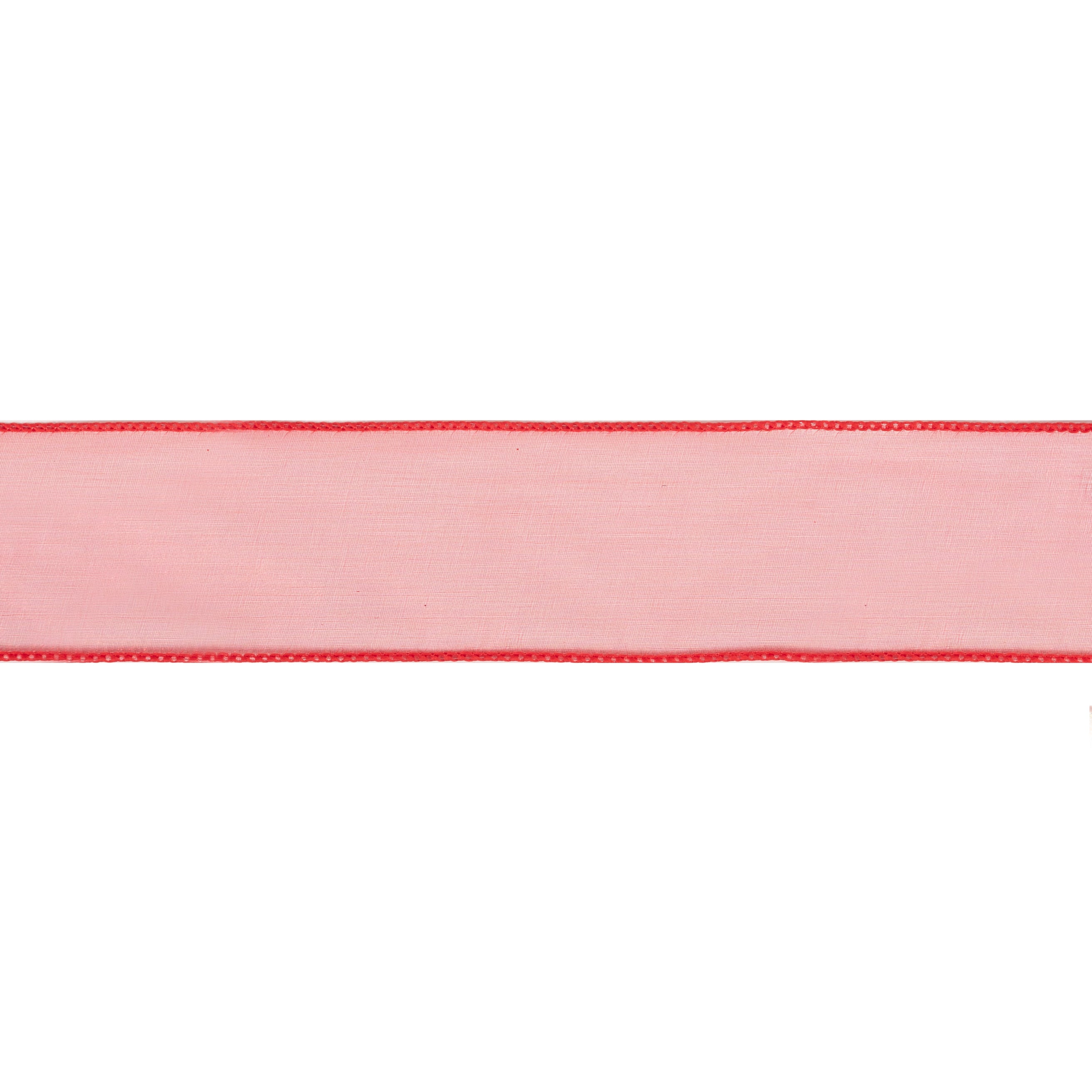 Red 25mm organza ribbon with a wired edge for gift wrapping and crafting.