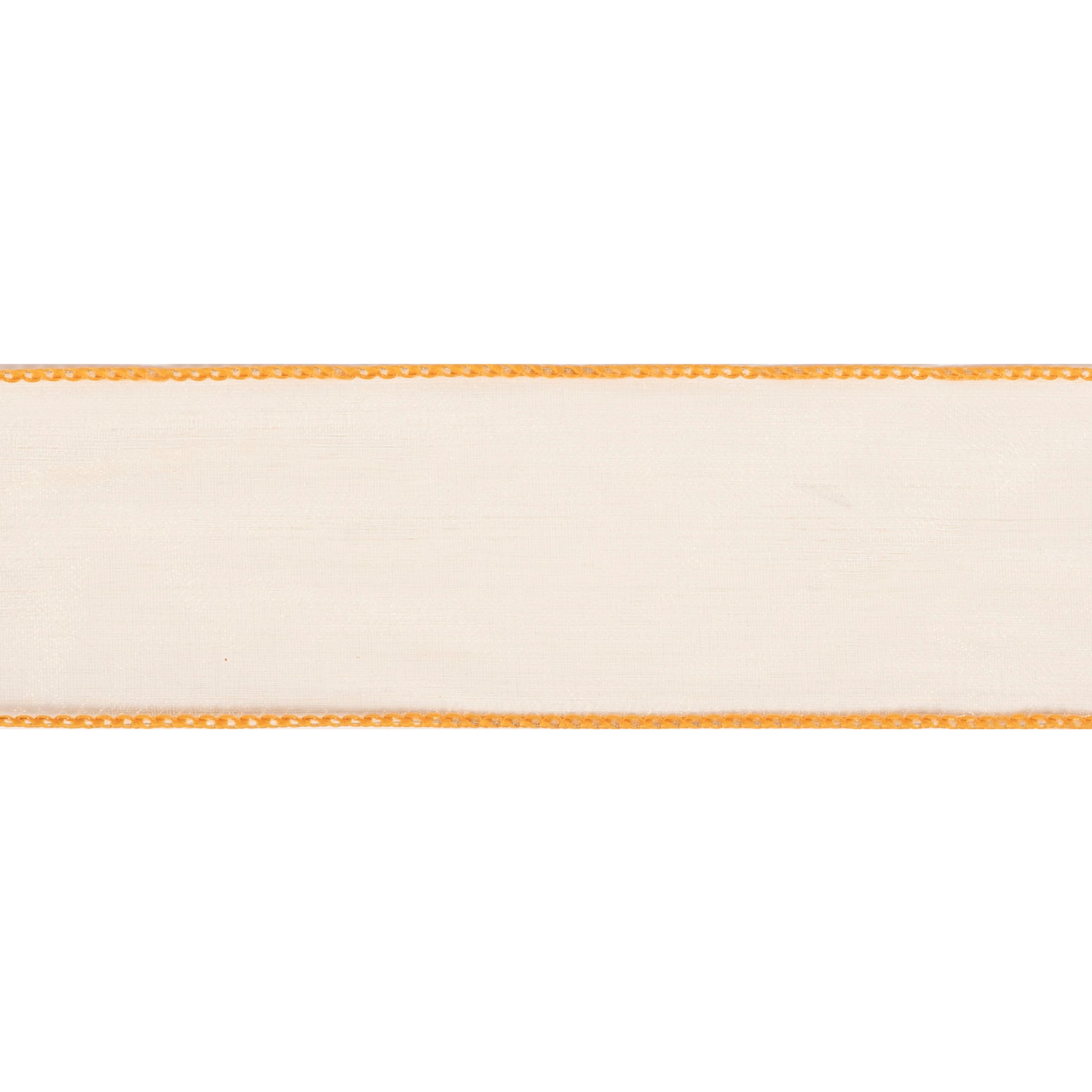Cream organza ribbon with a gold wire edge, 63mm wide.