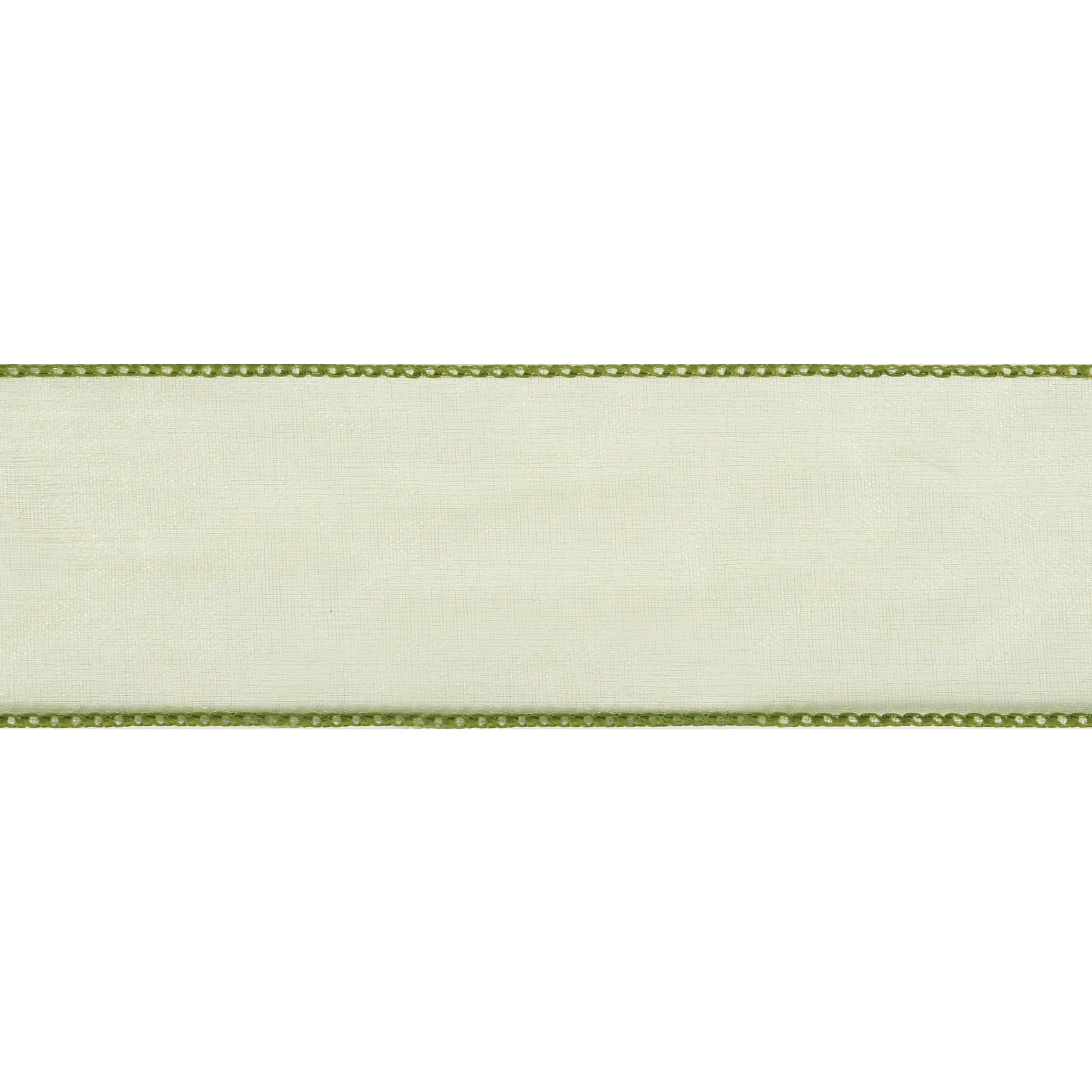 63mm cream organza ribbon with a green wired edge.