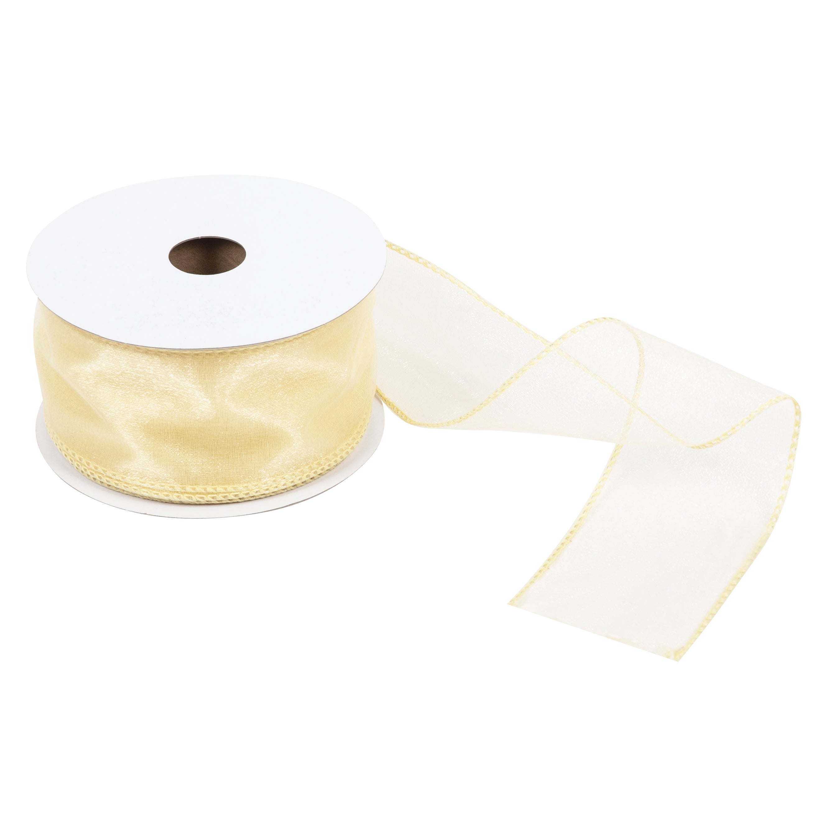 Light gold 63mm organza ribbon with a wired edge on a white spool.