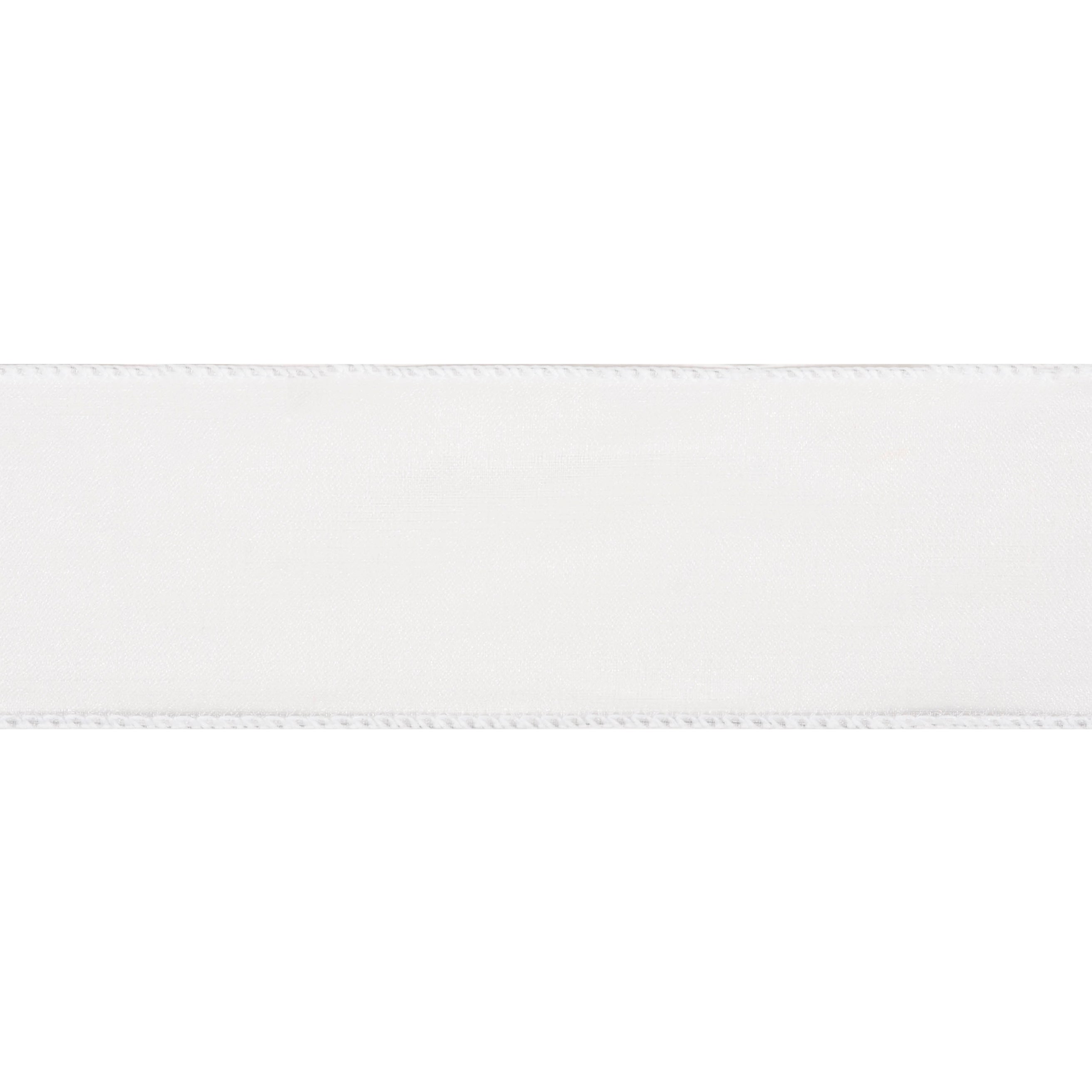White 63mm organza ribbon with a wired edge for gift wrapping and crafting.