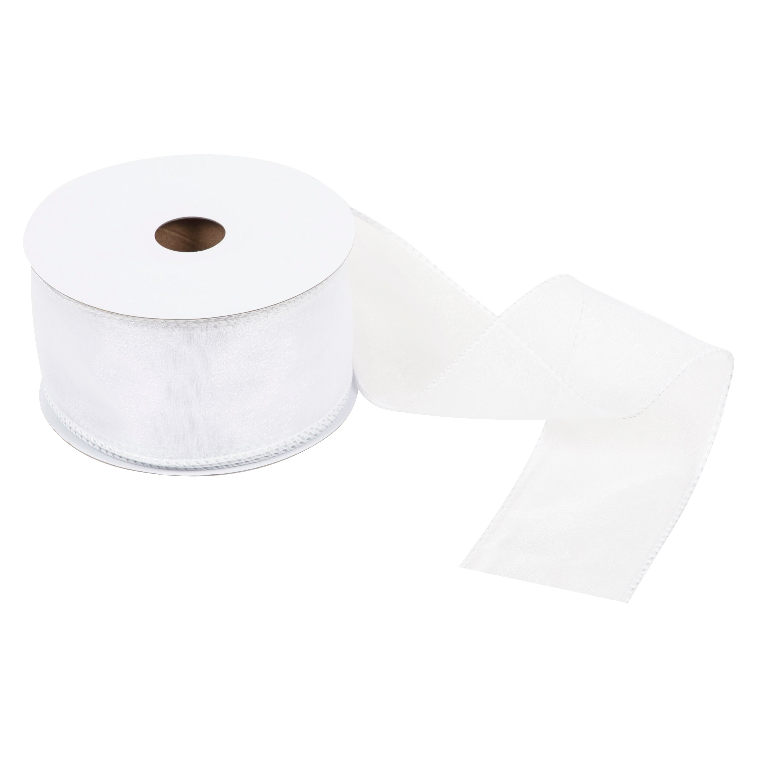White 63mm organza ribbon with wire edge on a spool.