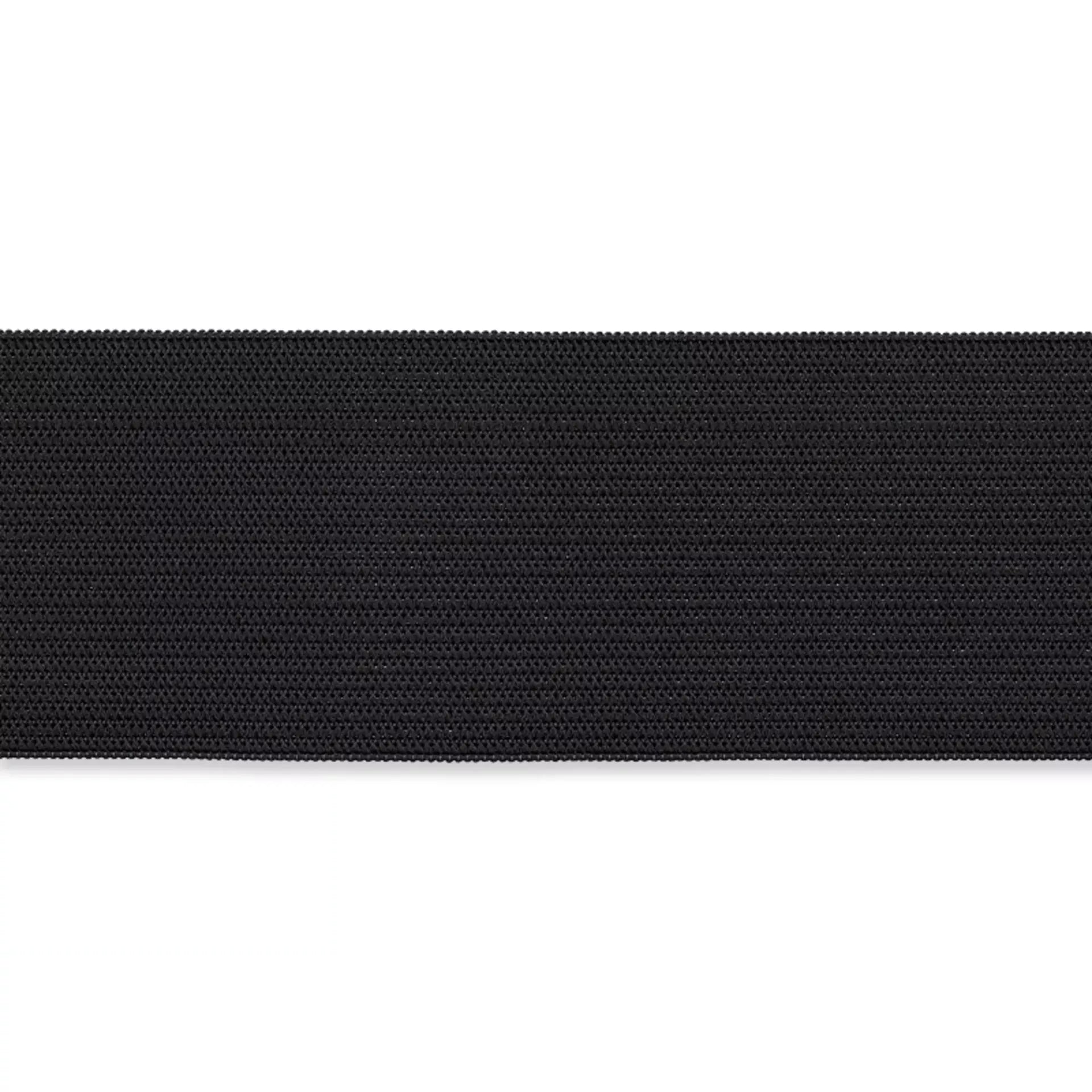 Close-up of Prym 50mm black all-purpose elastic band with a textured woven surface.
