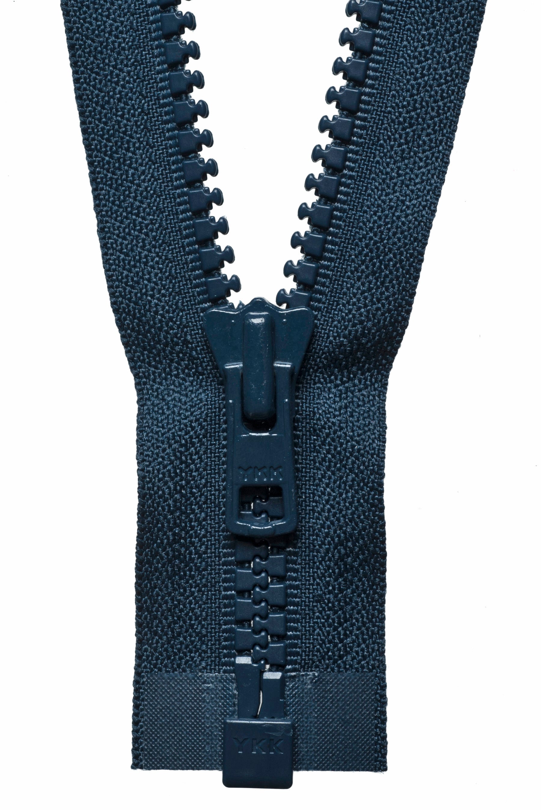 A navy blue YKK Vislon heavyweight open-end chunky plastic zipper shown partially unzipped.